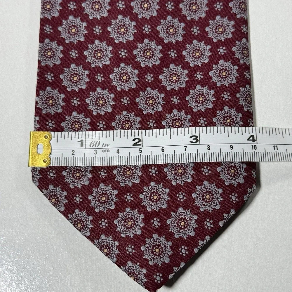Principe Burgundy Necktie Repeating Floral Medallion Pattern Silver And Grey